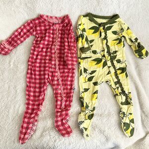 Kickee Pants 3-6 Months Girls Bamboo Button Sleeper Pink Checkered Lemons Pjs